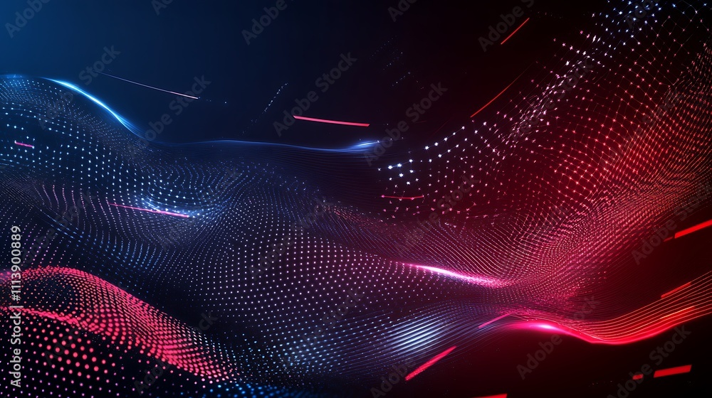 Poster abstract digital waves of light and color in blue and red with dots and gradients for technology bac