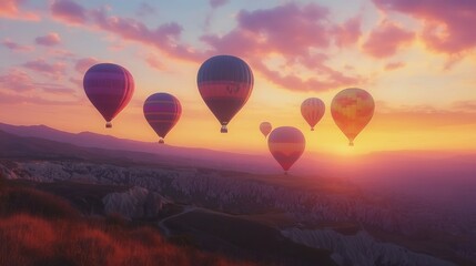 Fototapeta premium Colorful hot air balloons floating at sunset