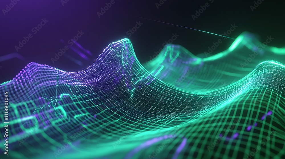 Poster abstract digital waves representing data flow in vibrant green and purple colors on a dark backgroun