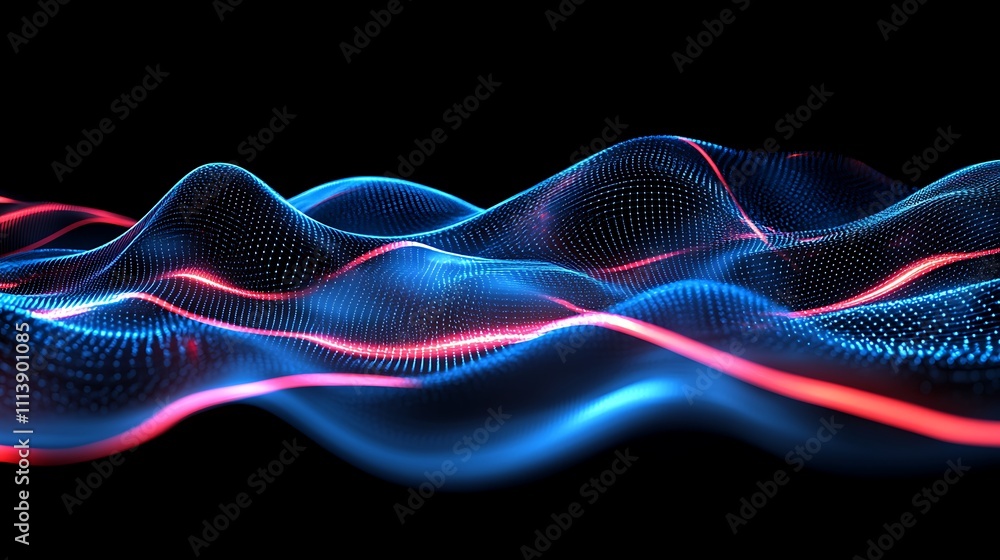 Poster abstract digital waves with blue and red lights on a dark background for modern technology and desig
