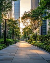 Naklejka premium A city sidewalk with flourishing urban greenery