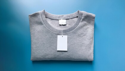 Neatly folded light grey T-shirt with white tag on light blue surface