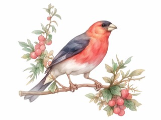 Watercolor illustration of a bullfinch perched on a branch with red berries and green leaves, ideal for nature-themed designs, holiday cards, or winter decorations