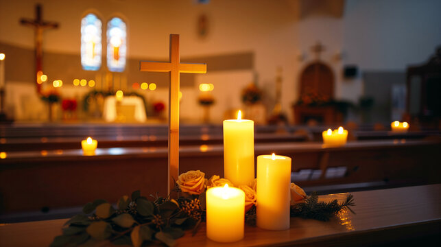 A serene church altar scene with glowing candles and a wooden cross, creating a warm and sacred atmosphere perfect for evening worship and reflection.