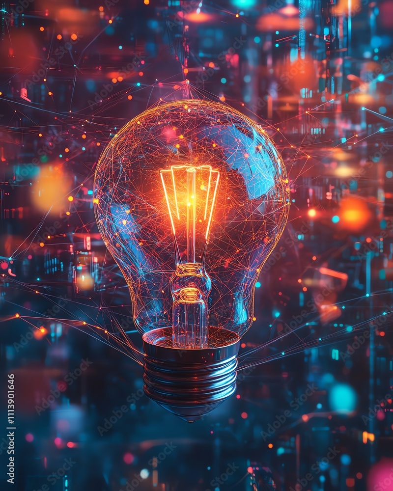 Poster a glowing light bulb surrounded by a network of digital connections