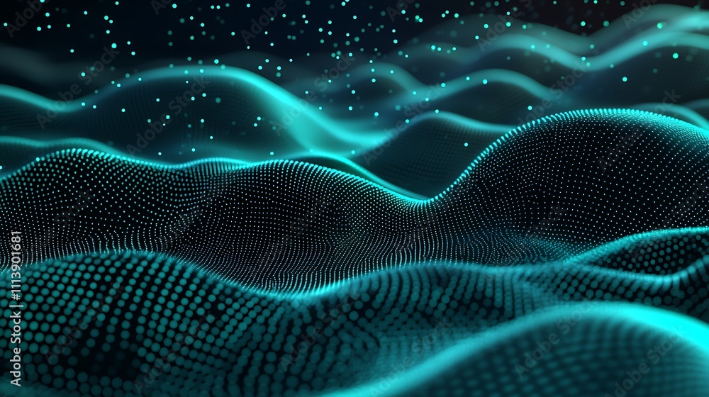 Poster abstract digital waves with dots and particles forming a futuristic background in bright teal and bl