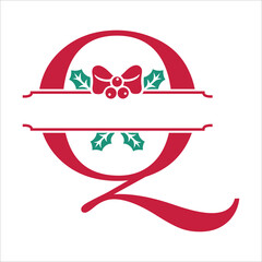 Vector festive, decorative split letter Q monogram with Christmas elements, perfect for personalized holiday designs. Symbols and ornaments, ideal for branding, logos, and family name templates