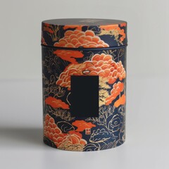 A stylish tin container with a black background adorned with orange flowers and golden accents, perfect for elegant storage or gifting.
