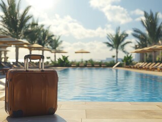 Luxury Resort Pool with Sun Loungers and Suitcase