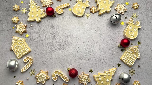 Christmas cookies forming a circle on a grey background