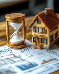 A house model beside an hourglass and financial charts