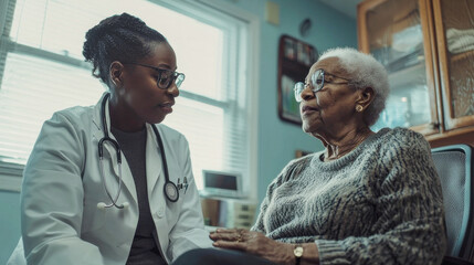 Black female doctor consulting female patient - African senior woman with female medical nurse inside retirement home - Health care and assistance concept - Models by AI generative