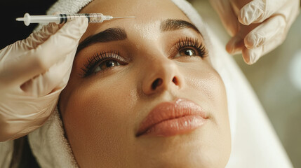 Close up of woman receiving beauty injection between eyebrows - Cosmetic, facial treatment and new trend concept - Models by AI generative