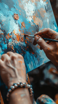 A painter's hand is painting a canvas with a paintbrush.