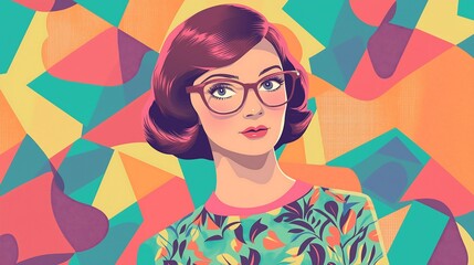 Fototapeta premium Illustration of Retro Woman Cat-Eye Glasses 1960s Shift Dress Playful Geometric Patterns Generative AI