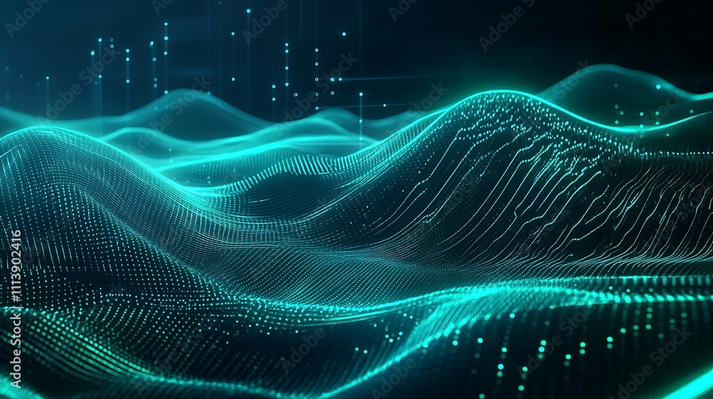 Poster abstract digital waves with glowing particles representing technology and data visualization concept