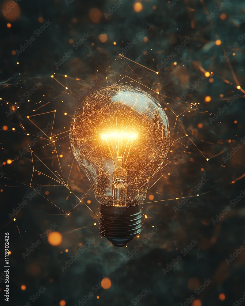 Poster a luminous light bulb glowing at the center of a network of digital connections
