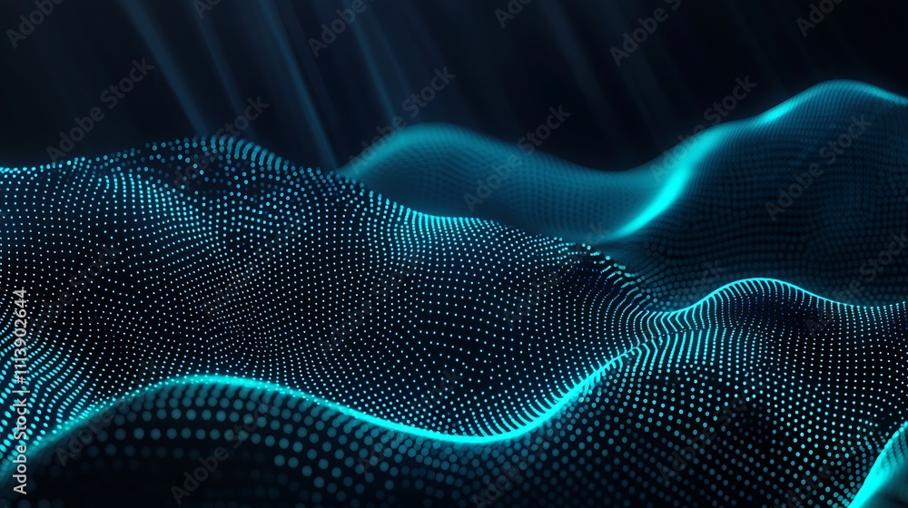 Poster abstract digital waves with neon blue light and dots creating a futuristic background for technology
