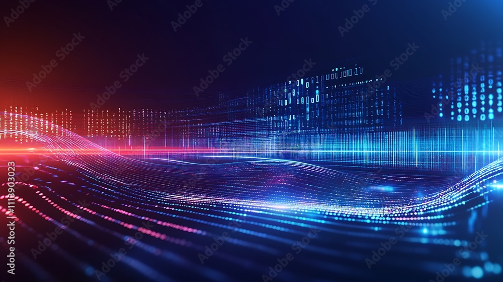 Poster abstract digital waves with vivid light effects and binary code patterns in a high-tech environment