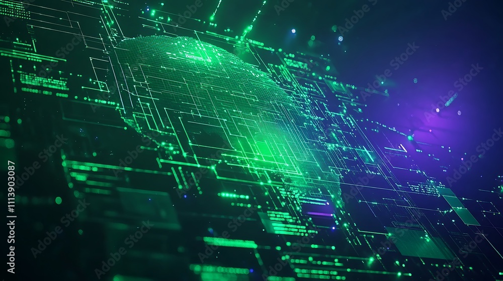 Poster abstract digital world map with cybernetic elements and glowing lines in green and purple color pale