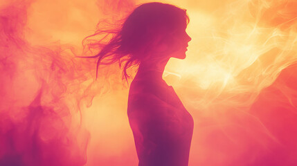 Silhouette of a Woman in Vibrant Smoke and Sunset Glow