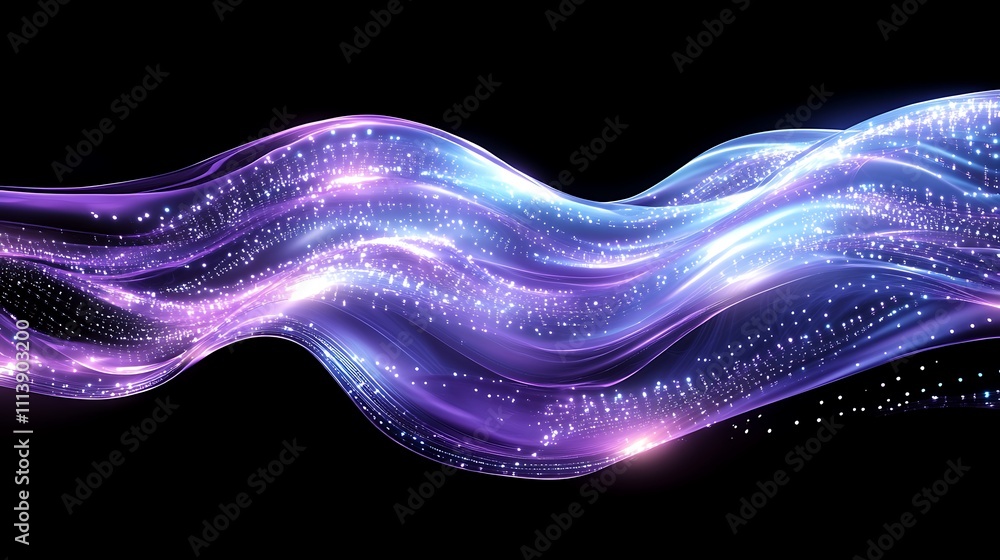 Poster abstract flow of colorful light waves with sparkling particles on a dark background