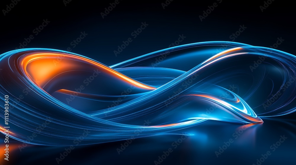 Poster abstract flowing waves in blue and orange colors creating dynamic light effects on a dark background