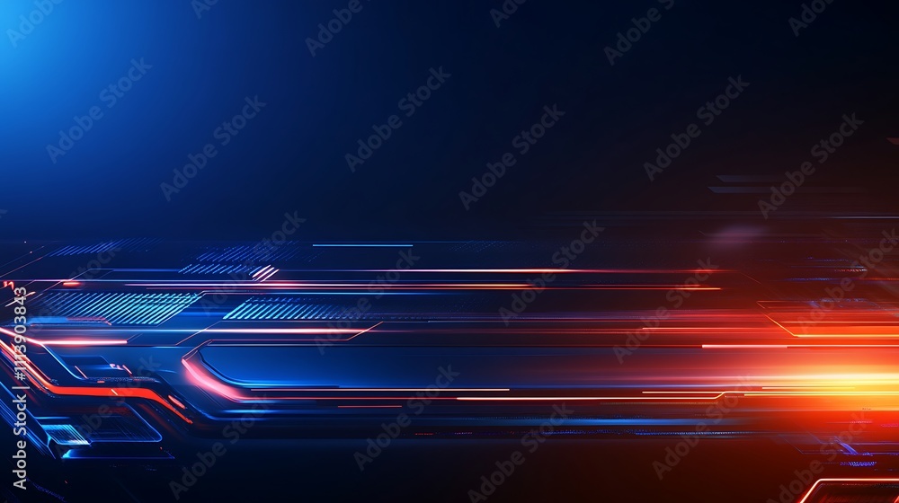 Poster abstract futuristic background with bright lights and dynamic lines in blue and orange color palette