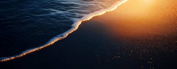 A serene beach scene at sunset, showcasing gentle waves lapping at the shore, with golden reflections shimmering on the water.