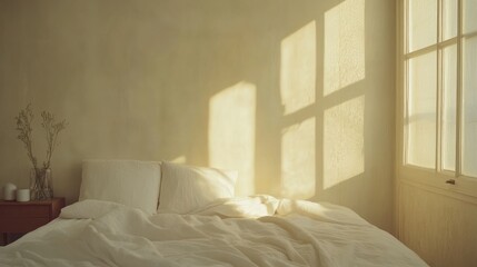 Sunlit Bedroom with White Linen Bedding and Dried Flowers