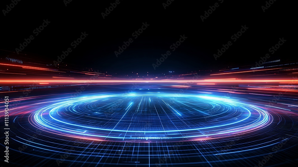 Aufkleber abstract futuristic background with glowing lines and circles in blue and red color on dark scene