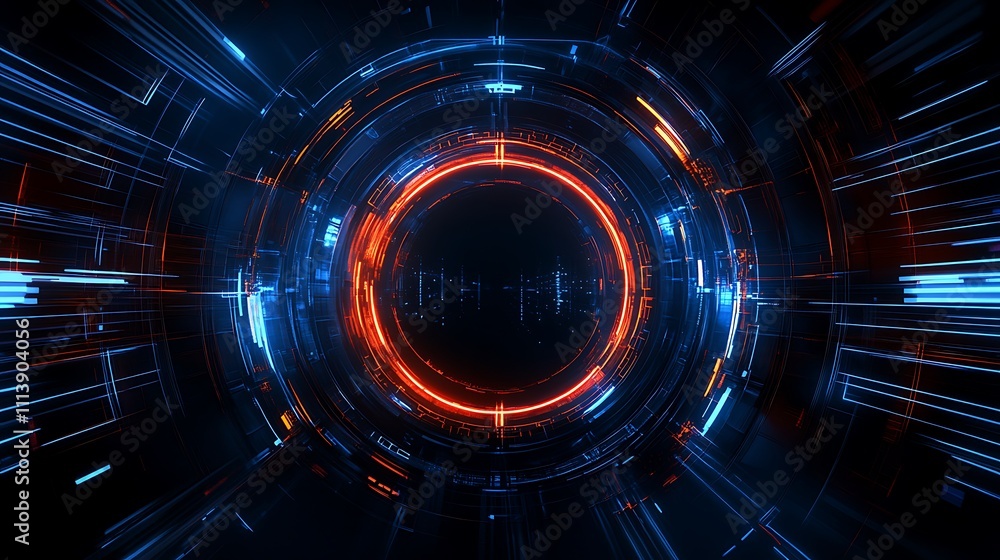 Poster Abstract futuristic background with glowing lines and circular patterns in blue and orange colors