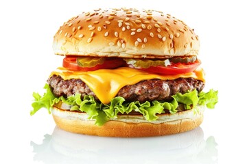 Giant classic American cheeseburger isolated on white background.