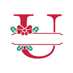 Vector festive, decorative split letter U monogram with Christmas elements, perfect for personalized holiday designs. Symbols and ornaments, ideal for branding, logos, and family name templates