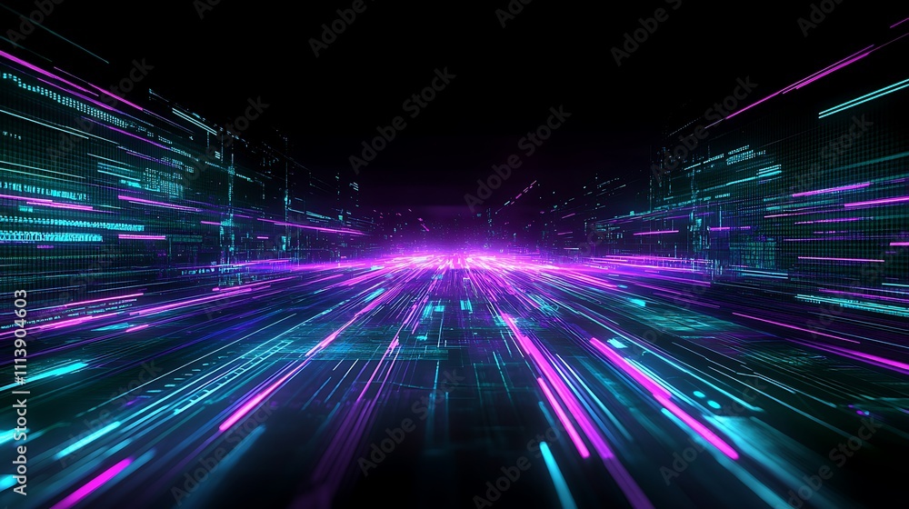 Poster abstract futuristic background with vibrant neon lights and digital patterns creating a sense of spe
