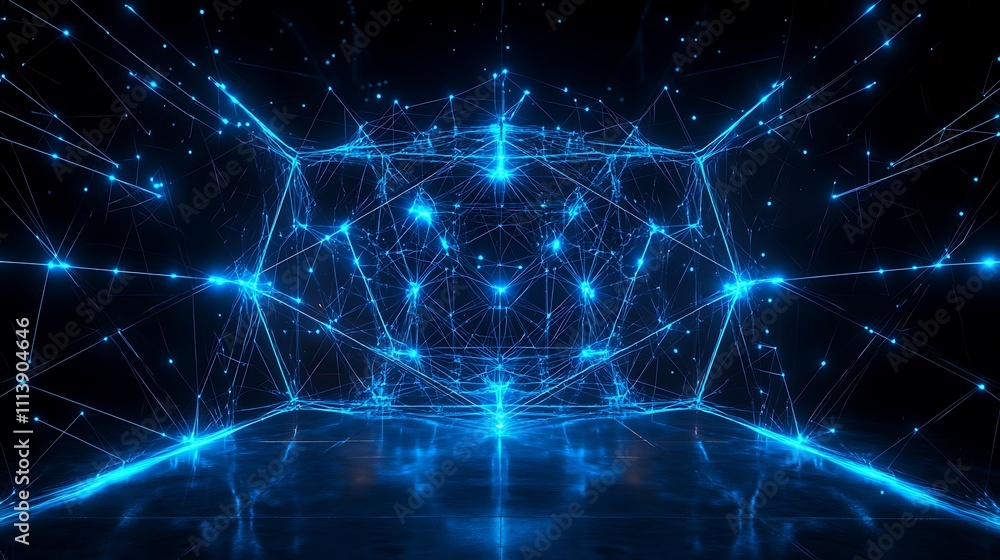 Poster abstract futuristic blue light connections in a digital space with glowing points and lines in dark 