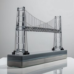 Glass sculpture of Deployable Bridge weapon, concrete gray to metallic silver gradient, detailed segments and cables, against gray background, generative ai