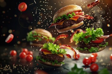 Realistic 3D flying grilled burger collection with detailed angles.