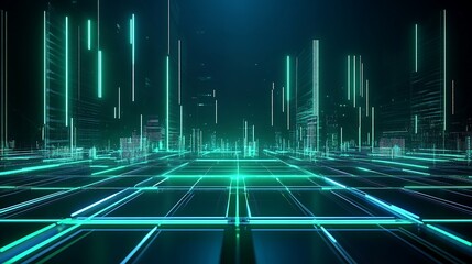 Abstract Futuristic Cityscape with Neon Lights and Digital Lines in a Dark Background