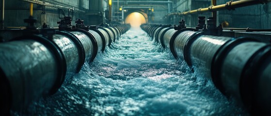 A view of flowing water through large pipes in an industrial setting.