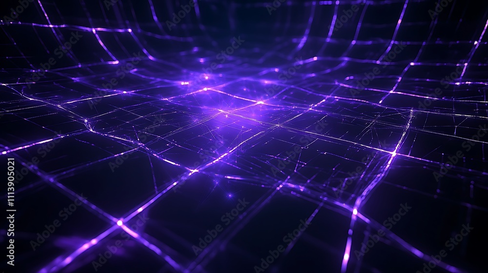 Poster abstract futuristic digital grid design with glowing purple lines and interconnected nodes on dark b