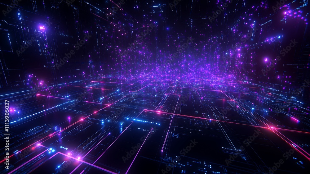Poster abstract futuristic digital landscape with bright neon lights and data patterns in 3d space
