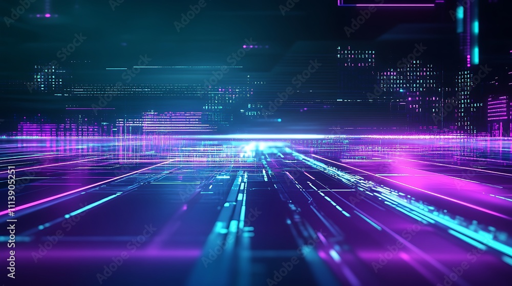 Poster abstract futuristic digital landscape with neon glowing lines and data visualizations in a vibrant c
