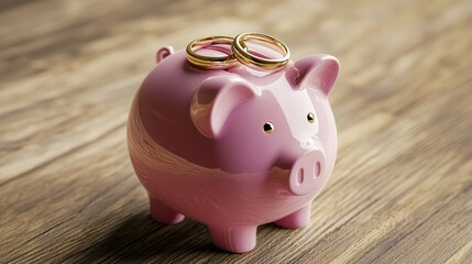 Pink piggy bank with wedding rings on rustic wooden table, symbolizing future savings