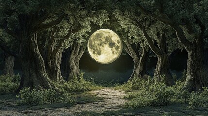 Obraz premium Full moon shining through trees in a dark forest at night.