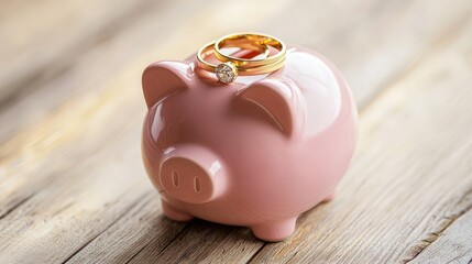 Pink piggy bank with wedding rings on rustic wooden table, symbolizing future savings