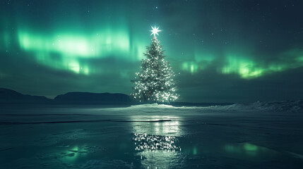 Christmas tree in the night, northern lights Aurora borealis