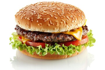 Perfect hamburger classic burger american cheeseburger isolated on white reflection  burger
