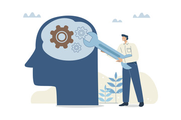 Businessman holding wrench adjusting gears on human head, Change mindset or attitude, Positive attitude or learning to improve in achieving goals, Psychology or human brain training, Vector design.