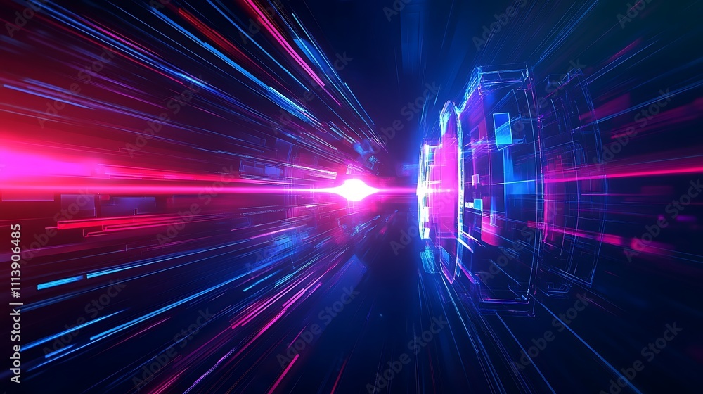 Poster abstract futuristic motion effect with glowing lights and digital elements in vibrant colors for tec